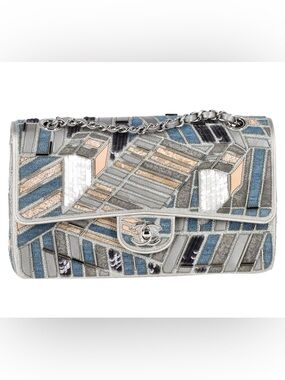CHANEL RARE Silver, Blue & Cream Mosaic Quilted Denim Flap Shoulder Bag NWOT